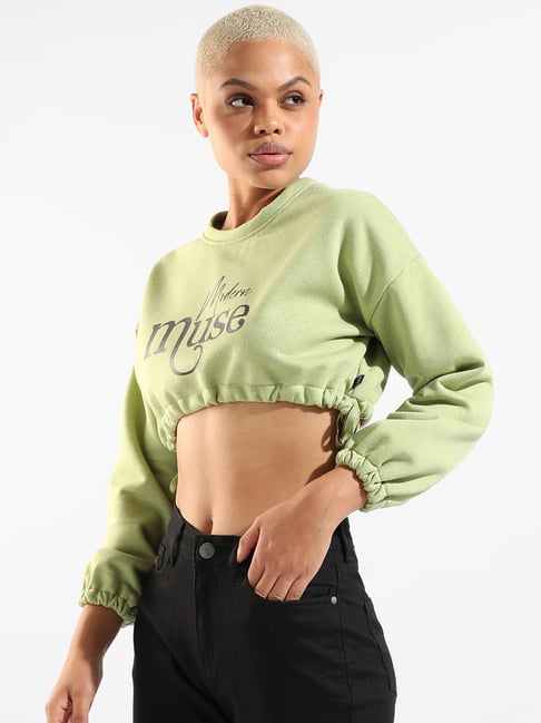 pinacolada Campus Sutra Green Cotton Graphic Print Crop Sweatshirt-picture-34