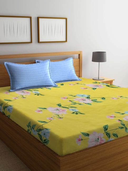 Klotthe Floral Yellow 300 TC Cotton Blend Double Elastic Fitted Sheet with 2 Pillow Covers-picture-32
