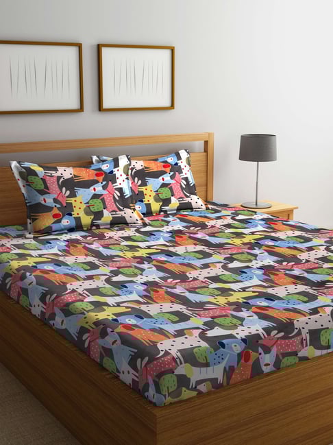 Klotthe Printed Multicolor 300 TC Cotton Blend Double Elastic Fitted Sheet with 2 Pillow Covers-picture-20
