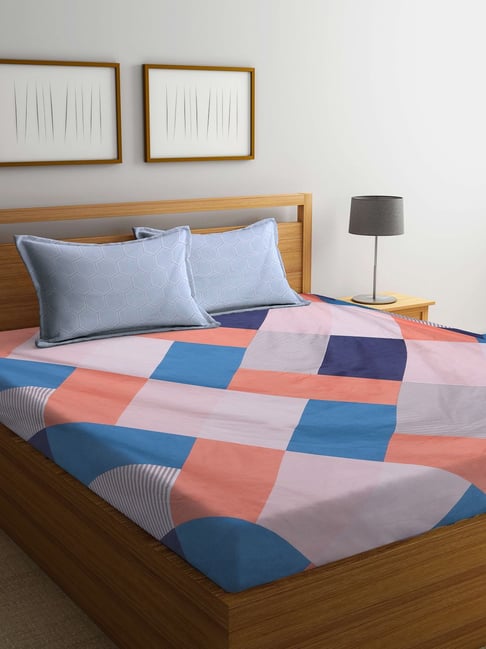 Klotthe Plaid Multicolor 300 TC Cotton Blend Double Elastic Fitted Sheet with 2 Pillow Covers-picture-26