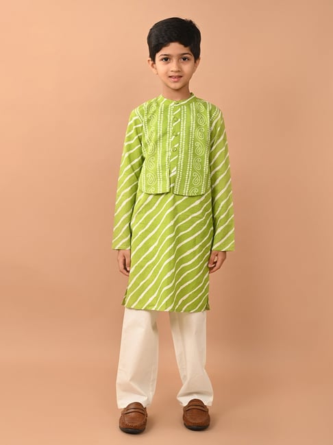 LilPicks Kids Green White Printed Full Sleeves Kurta Jacket with