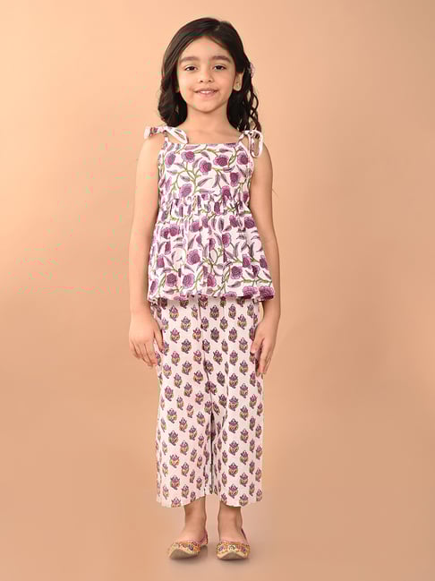 LilPicks Kids White & Pink Floral Print Top with Plazzos-picture-39