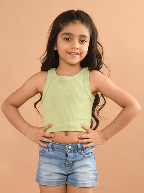 LilPicks Kids Light Green Solid Crop Top
