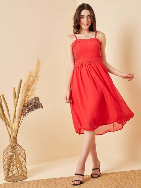 Get Solid Polyester Red Sleeveless Fit & Flare Dress at ₹ 1759 | LBB Shop
