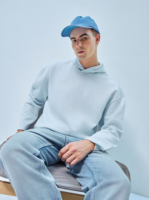 Bewakoof Light Blue Loose Fit Self Design Oversized Hooded