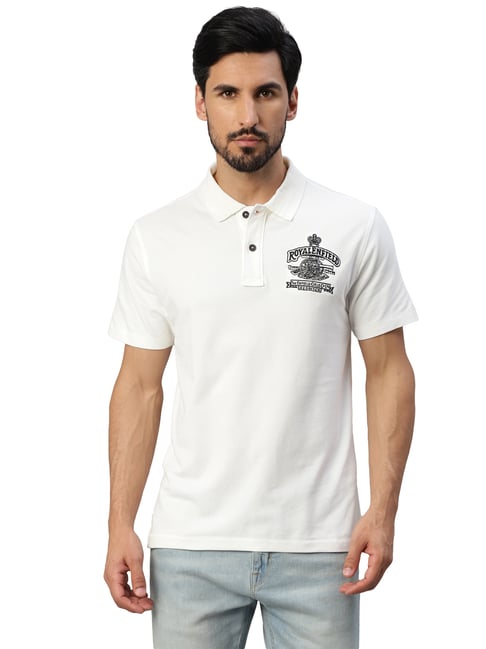 Royal Enfield Vintage Voyage White Regular Fit Printed Polo T-Shirt