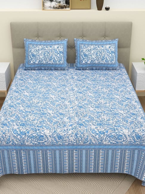 BELLA CASA Ethnic Floral Blue 180 TC Cotton King Bedsheet with 2 Pillow Covers-picture-16