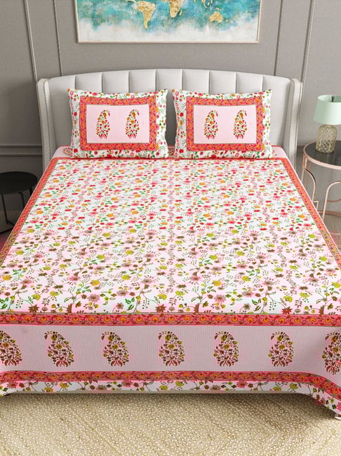 BELLA CASA Ethnic Floral Multicolor 180 TC Cotton King Bedsheet with 2 Pillow Covers-picture-22