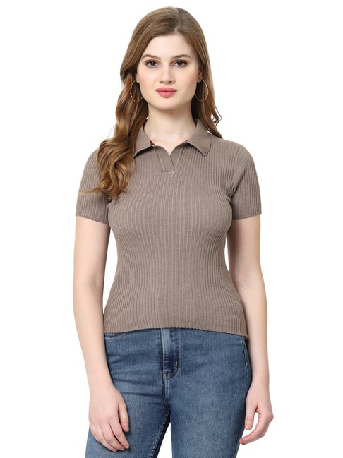 Kalt Light Brown Self Design Top-picture-39