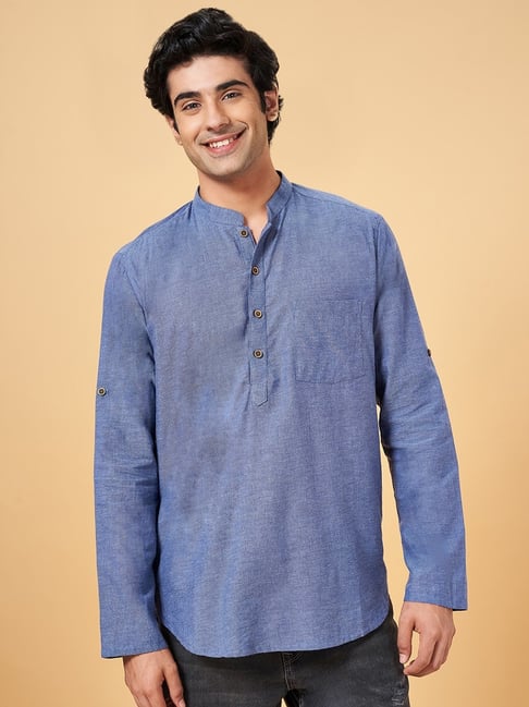 Indus Route by Pantaloons Navy Cotton Regular Fit Short Kurta