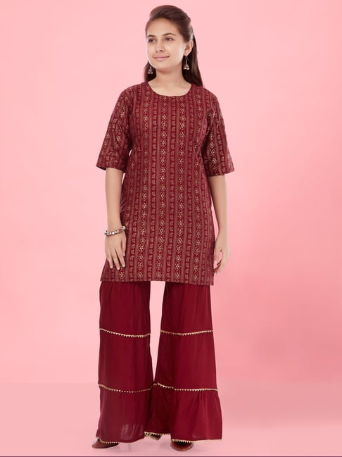 Aarika Kids Girls Maroon Colour Kurti Sharara Set-picture-14