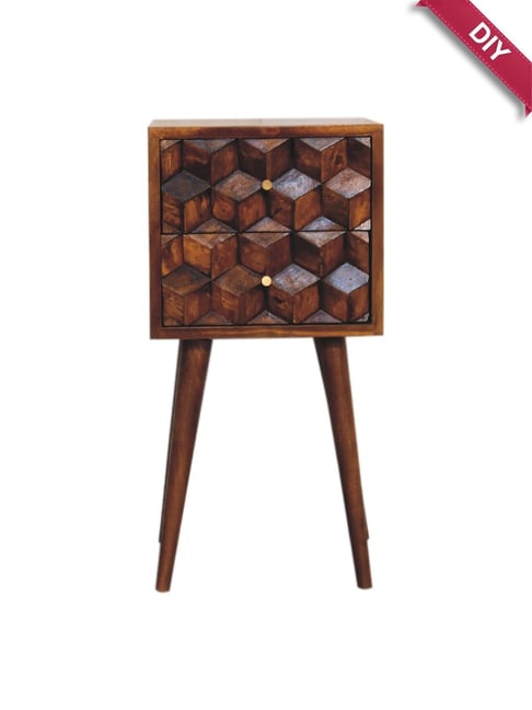 Artisan Furniture Brown Wood Mini Chestnut Cube Carved 2 Drawer Bedside Table