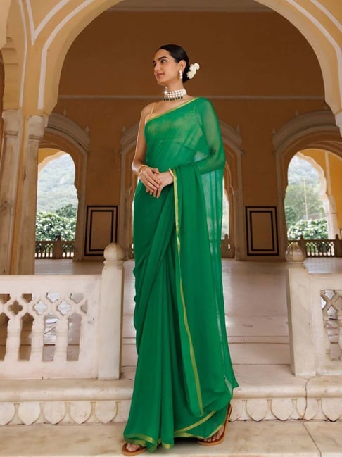 Emerald Green Gaji Silk Plain Saree | KaLa Bandhej