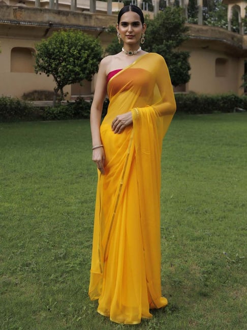 Buy Geroo Jaipur Yellow Hand Plain Saree with Jacquard Blouse for Women  Online @ Tata CLiQ Luxury