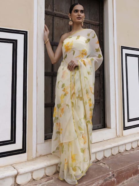 Lemon Yellow Square Neckline Floral Saree