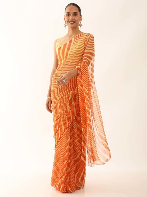 Taneira Orange Striped Saree With Unstitched Blouse-picture-48