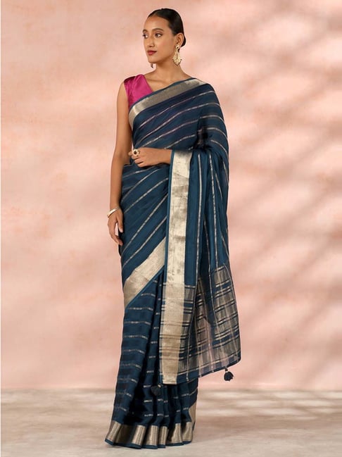 Taneira Blue Woven Saree With Unstitched Blouse-picture-33