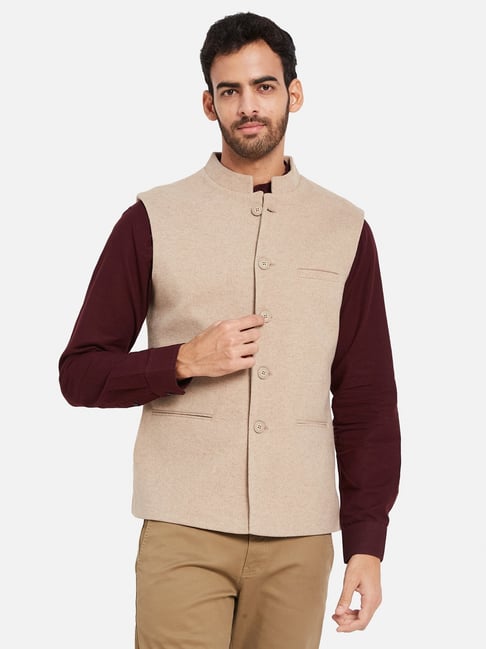 Men Cream-Coloured Solid Nehru Jacket | Badoliya & Sons