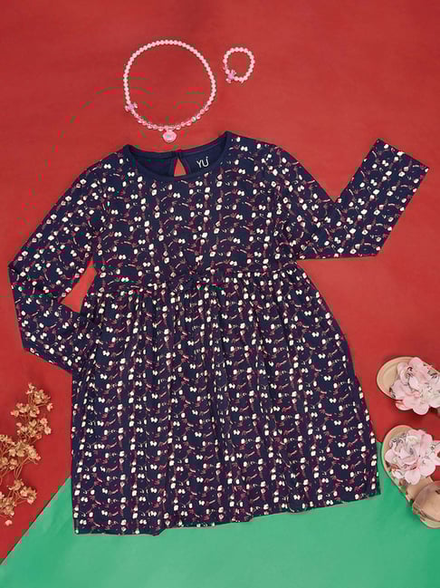 YU by Pantaloons Kids Navy Cotton Printed Full Sleeves Dress-picture-12