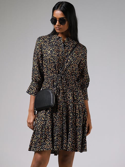 Black printed shirt dress with tiered dress