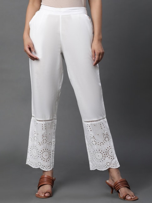 Off white cotton straight pants with appliqué and dori embroidery work –  Kora India