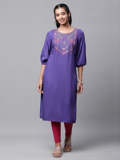 Aurelia Purple Embroidered Straight Kurta-image-36