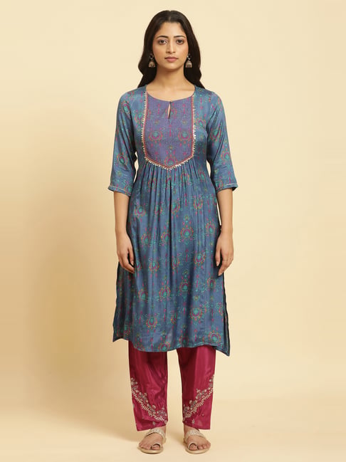 W Blue Printed A Line Kurta-picture-43