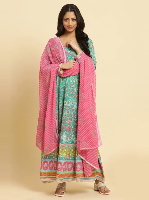 W Green Printed Kurta Pant Set With Dupatta