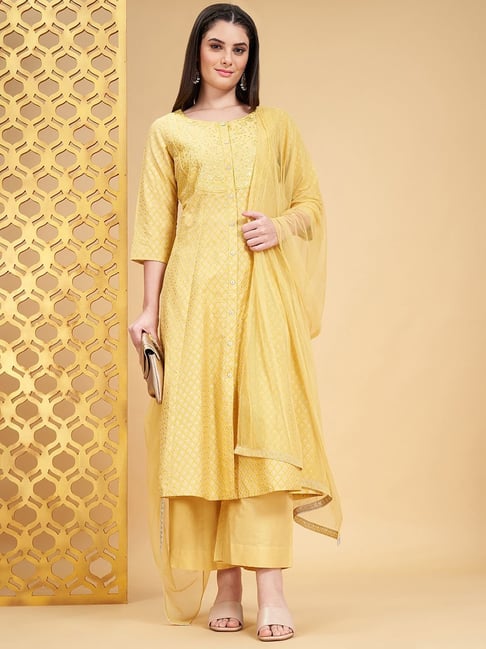 Rangmanch by Pantaloons Yellow Embroidered Kurta Palazzo Set With Dupatta