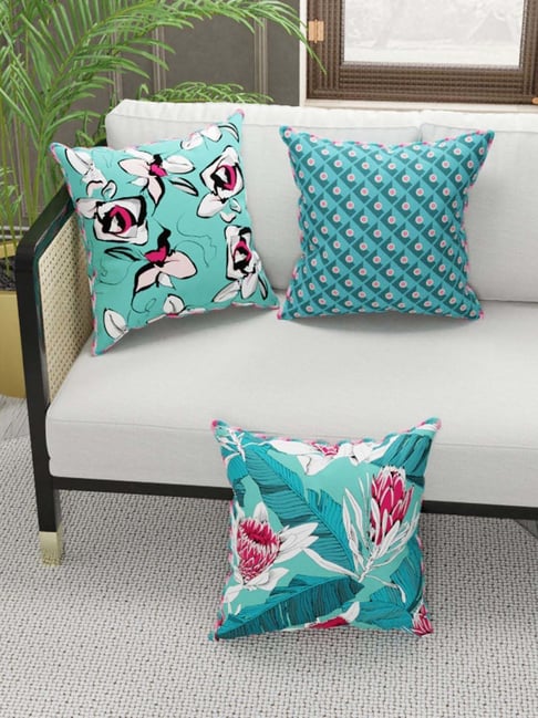 Bianca Suzane Coral & Teal Micro Fiber Reversible Printed Cushion Covers - Set of 3-image-49