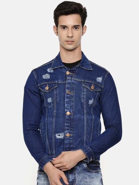 CINOCCI Blue Cotton Slim Fit Distressed Denim Jacket-picture-21