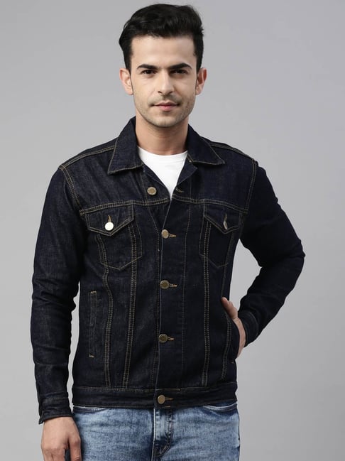 CINOCCI Navy Blue Cotton Slim Fit Denim Jacket-picture-13
