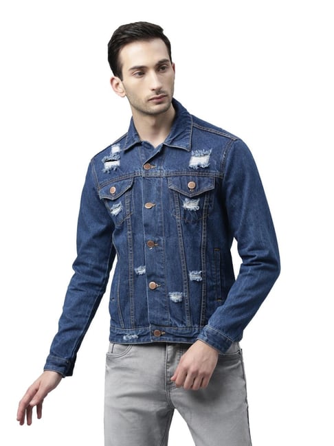 CINOCCI Blue Cotton Slim Fit Distressed Denim Jacket-picture-20