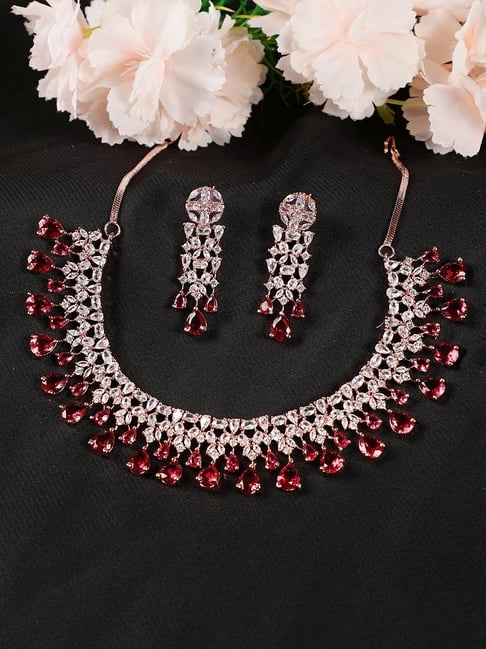 Buy Elegant Women's White American Diamond With Red Stone Jewelry Set  Necklace and Earrings at Amazon.in