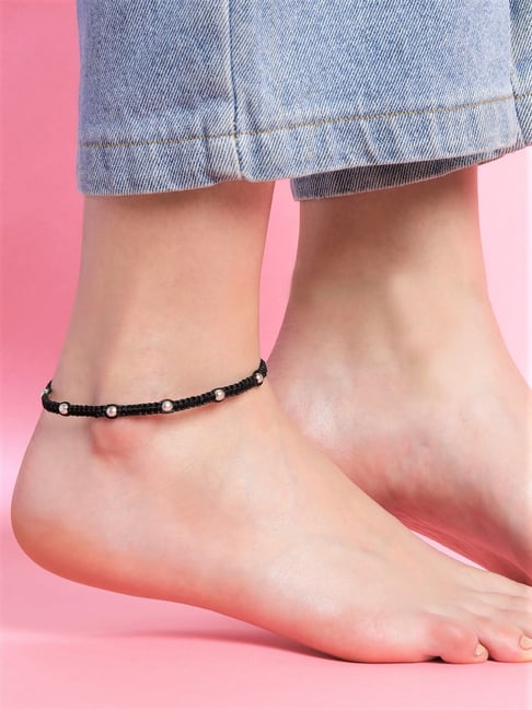 Zavya 925 Sterling Silver Classic Beaded Rhodium Thread Flexible Anklets For Women-picture-32