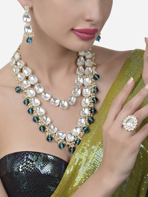 Zaveri Pearls Green Beads Drop Layered Bridal Kundan Necklace Earring  Ring Set-ZPFK15660