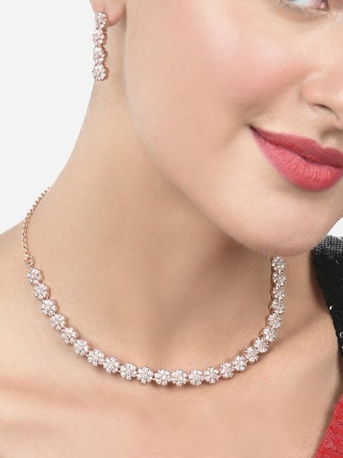 Zaveri Pearls Rose Gold Dazzling Cubic Zirconia Contemporary Necklace & Earring Set-ZPFK15214-picture-17