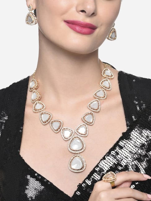 White & Gold Pearl Necklace With Earrings Set Pearl Necklace Set For W –  Lady India