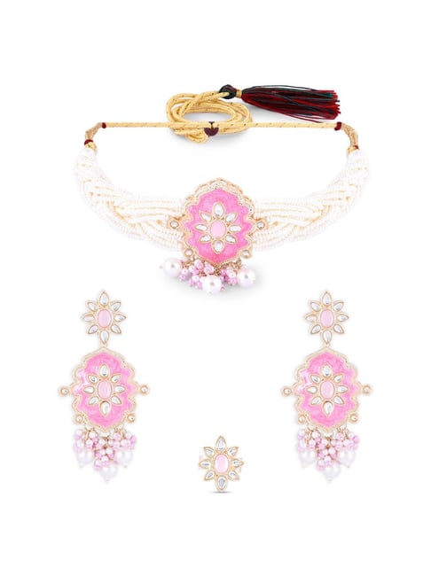 Zaveri Pearls Pink & White Multistrand Meenakari Kundan Choker Necklace  Earring & Ring Set-ZPFK16502