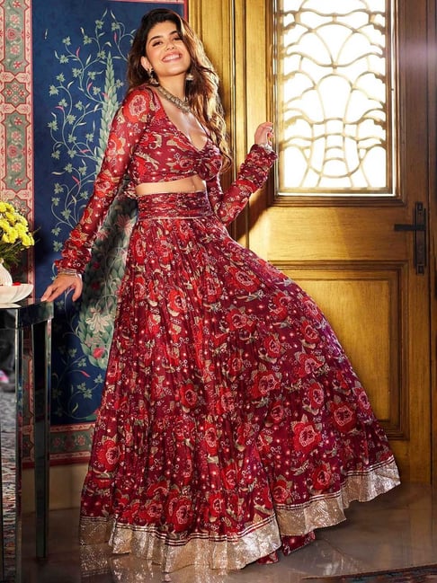 Dark Red Lehenga Embellished with Sequins along with Dupatta and Embroidery  Overcoat|Lehenga-Diademstore.com