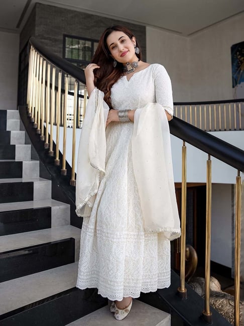 White fashion cotton anarkali kurtis