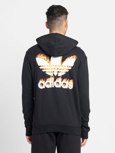 Adidas Originals Black Regular Fit TS Fire Graphic Cotton Hooded Sweatshirt