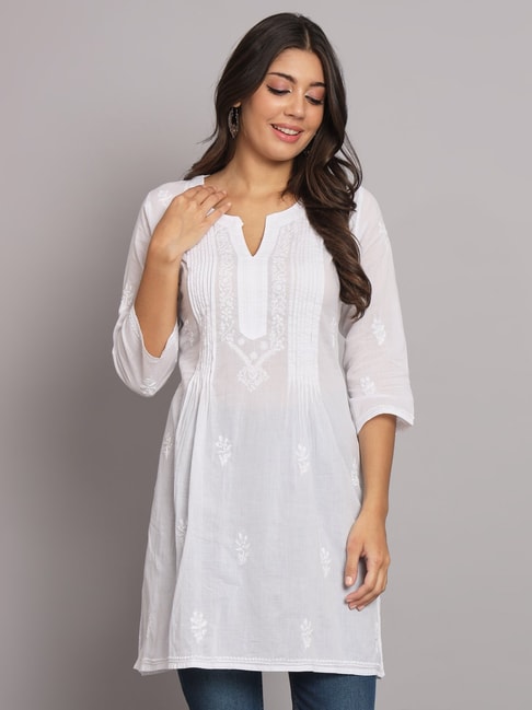 Lakhnavi Fabrics Lucknowi Chikan Embroidered Short Casual White Kurti for  Women