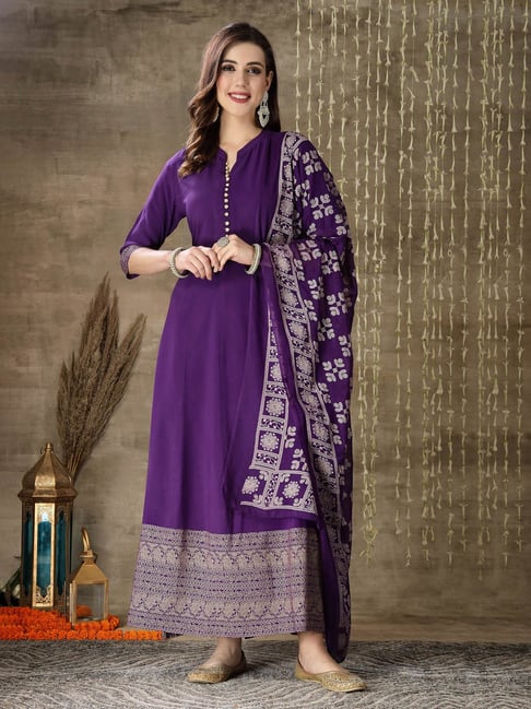 Stylum Violet Rayon Printed Anarkali Kurta With Dupatta