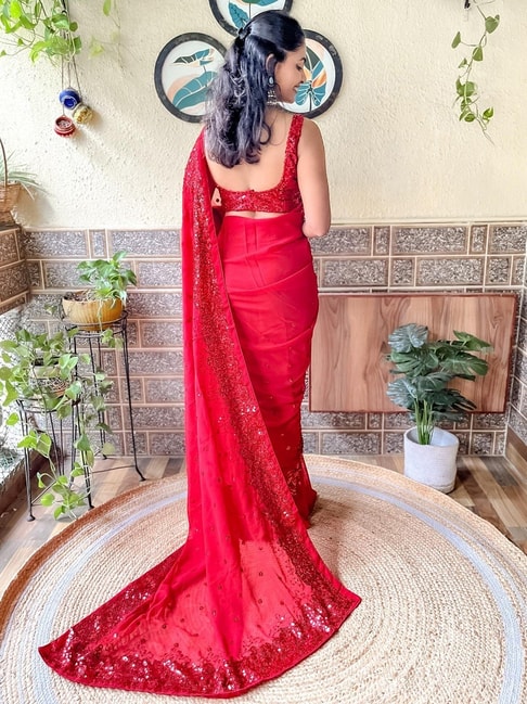 Saree Mall Red Embellished Saree With Unstitched Blouse