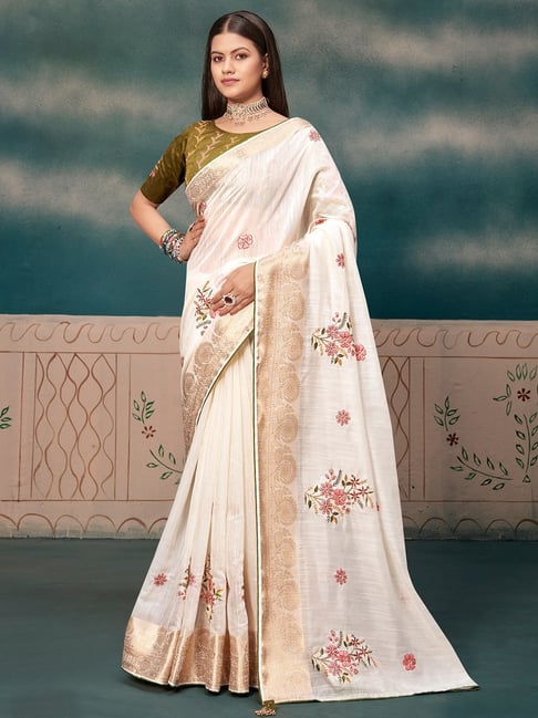 RICE WHITE EMBROIDERED SILK SAREE WITH DESIGNER BLOUSE – Zaribanaras global