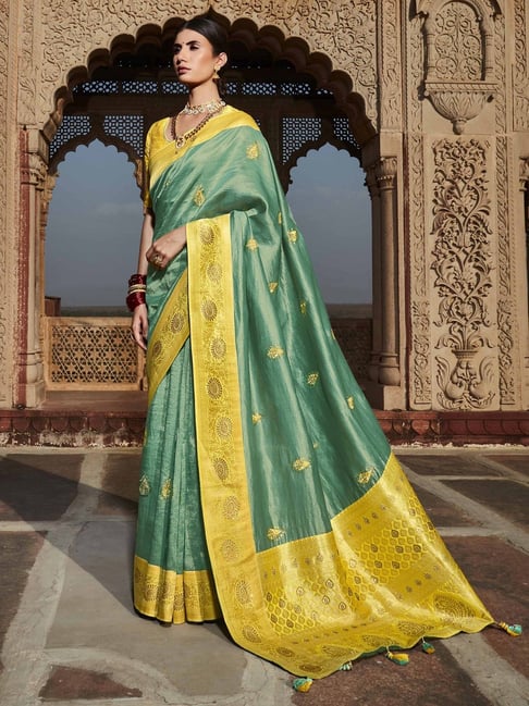 Elegant Pastel Blue Silk Festive Saree With Embroidered Yellow Blouse –  RawaazFashion