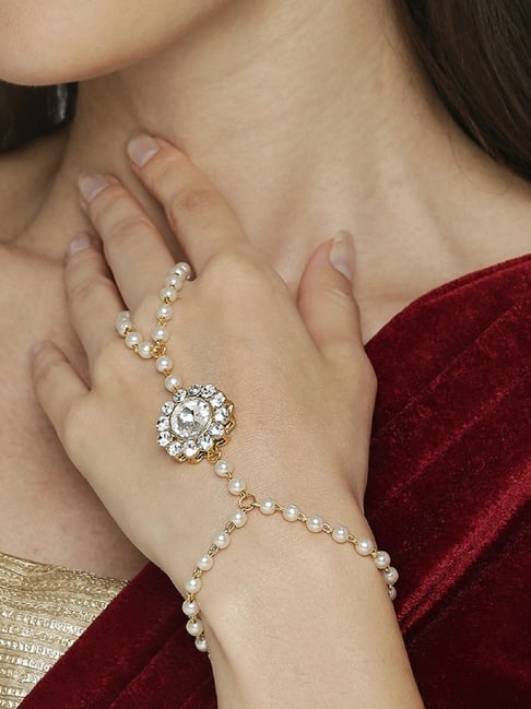 Oomph Gold Tone Floral Kundan & Pearls Ethnic Hand Harness-picture-27