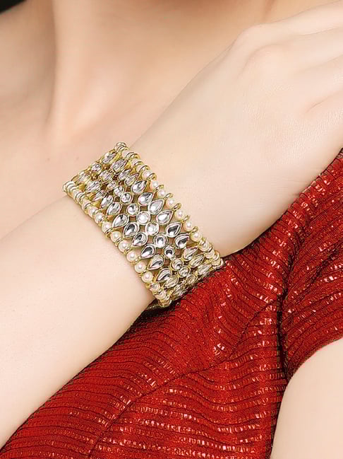 Oomph Gold Tone Kundan & Pearls Broad Ethnic Classic Bracelet-picture-28