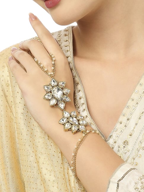 Lucky Jewellery Elegant White Color Gold Plated Stone Hand Bracelet Bridal  Hathphool For Girls & Women (